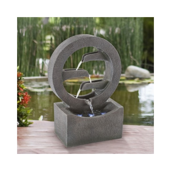 Nature Spring 18.5” Tall Round Cascade Fountain, 4-tier Polyresin Waterfall with LED Lights, Outdoor Decorative 549405ONM